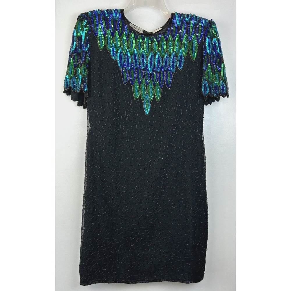 Vtg 80 Stenay Women Black Silk Sequin Bead Cocktail Dress Sz 12 P Evening Read
